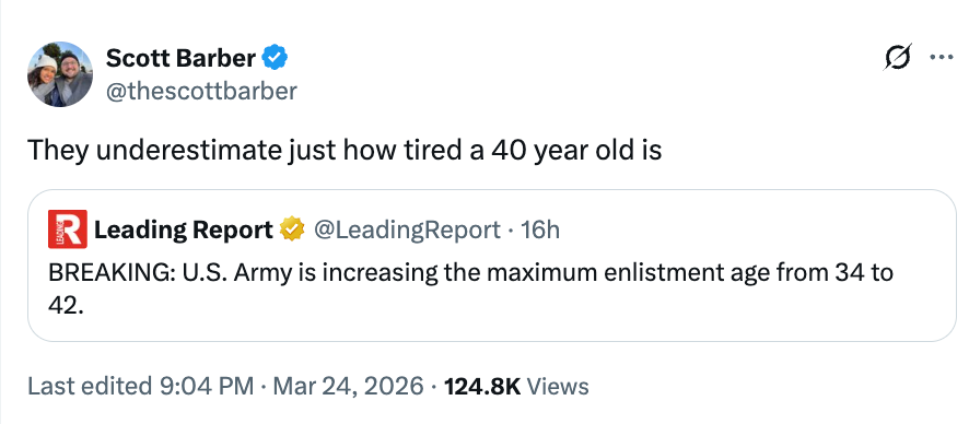 Tweet by Scott Barber commenting connected a study astir the U.S. Army raising enlistment property to 42, humorously noting however bushed a 40-year-old is