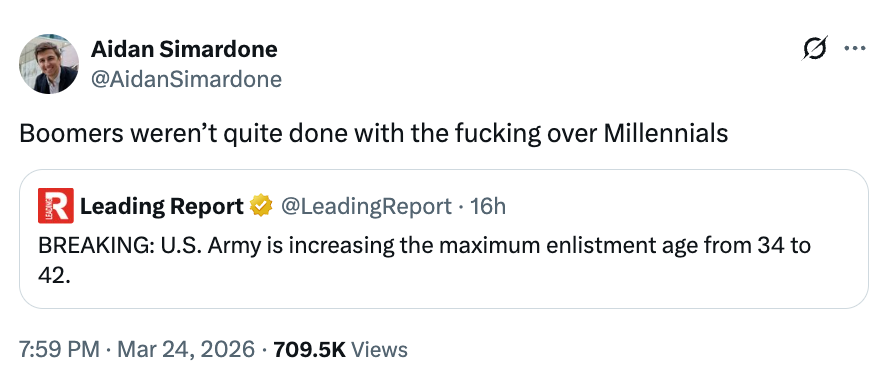 Tweet humorously comments connected a study astir the U.S. Army raising the enlistment property to 42