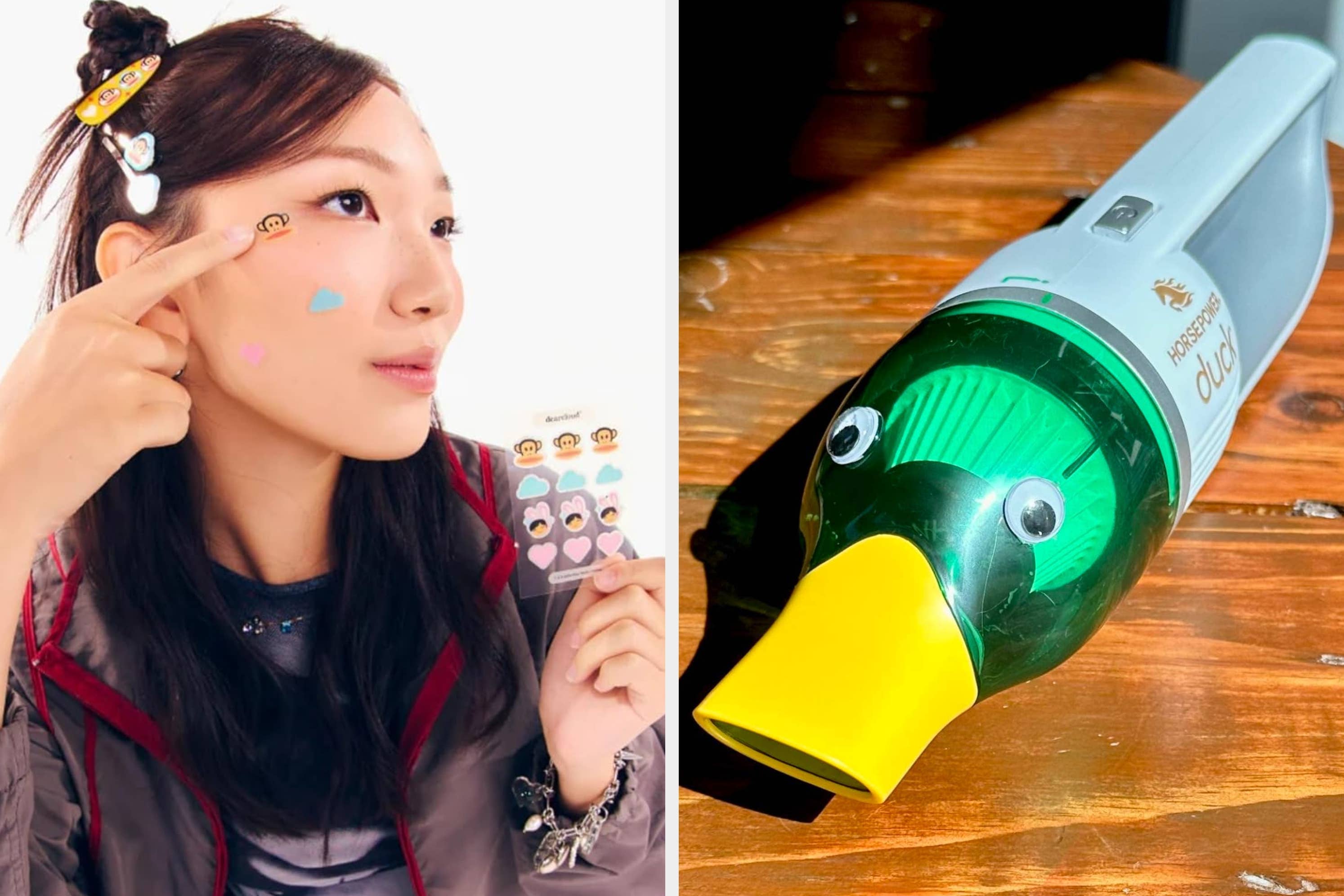 left: model holding a sheet of Paul Frank themed hydrocolloid patches and pointing to one on their face; right: duck themed vacuum with googly eyes