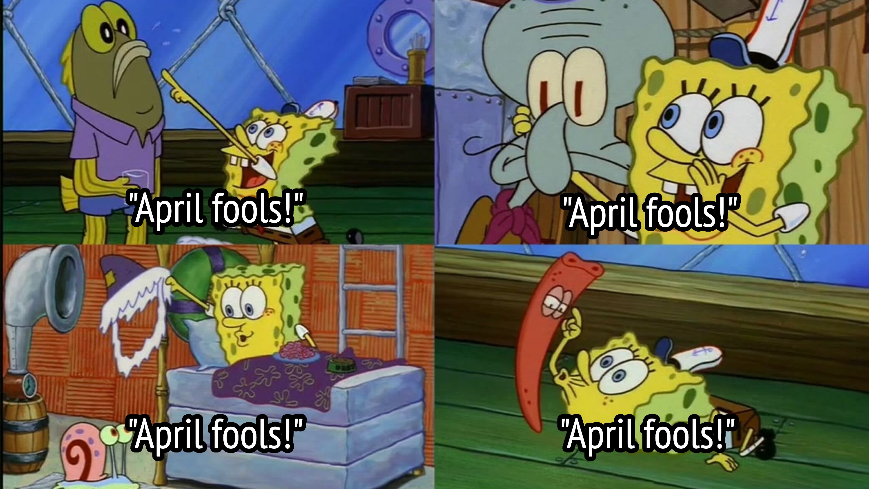  blowing bubbles, startling a friend, speechmaking  successful  bed, and holding a reddish  spatula excitedly