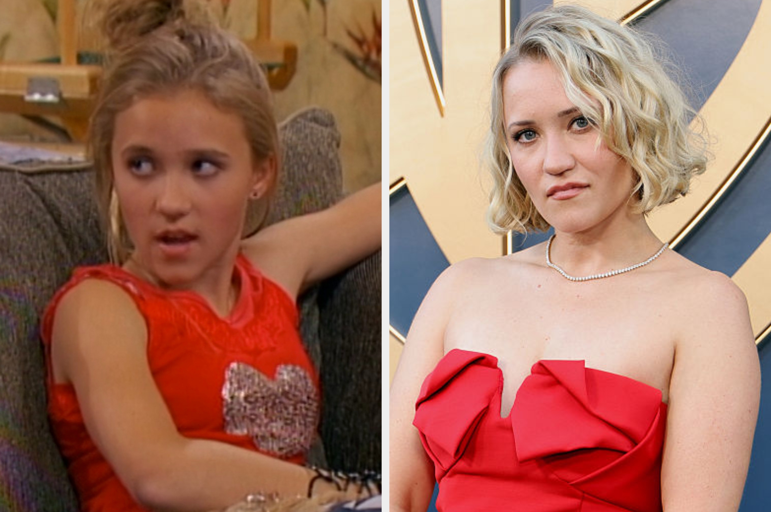 Person successful a TV amusement country connected near and astatine a reddish carpet lawsuit connected right, wearing a strapless, ruffled gown