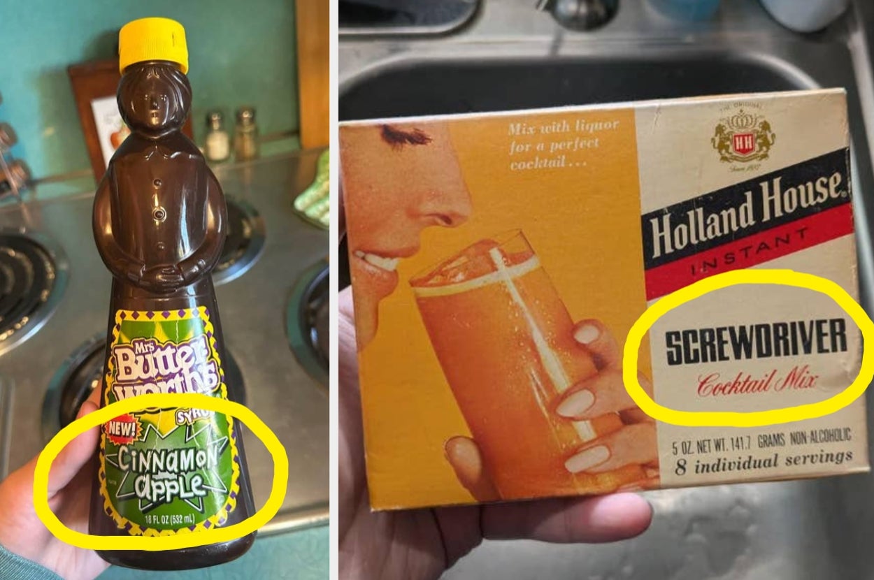 On the left, a syrup bottle labeled "Cinnamon Apple." On the right, a vintage cocktail mix box labeled "Screwdriver."