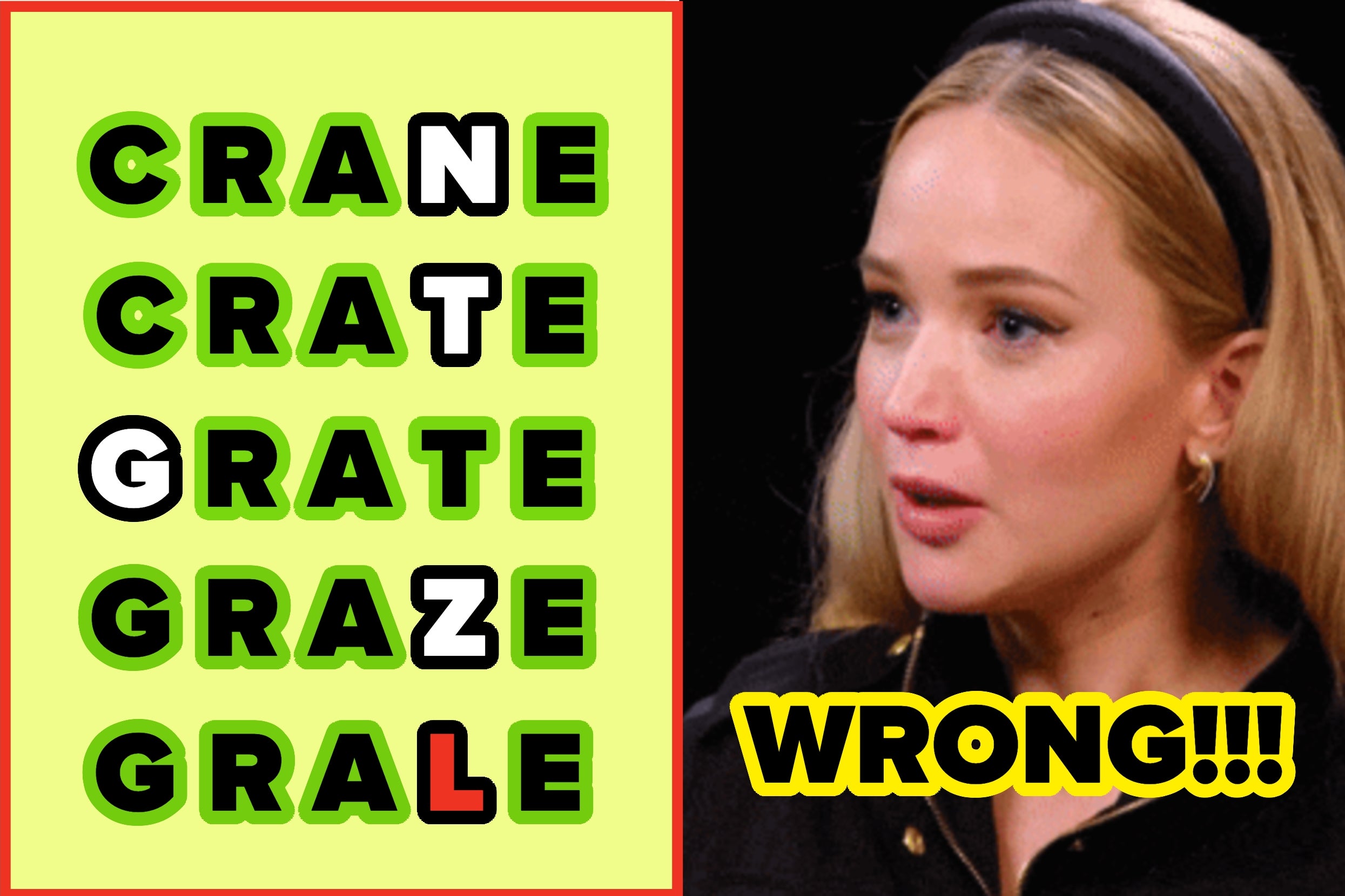 A person looks surprised next to a word puzzle with each letter progressively revealed. "WRONG!!!" is in bold text below the person