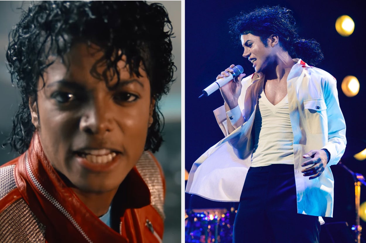 Two images: person in a leather jacket singing, and performing on stage in a white shirt and jacket