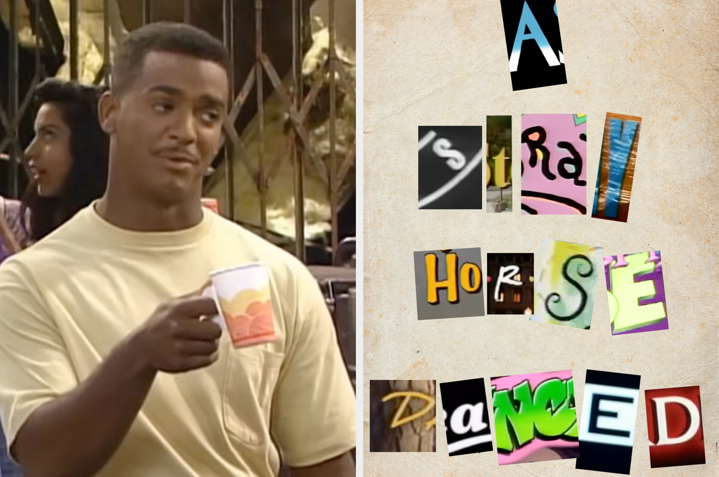 Person holding a cup with a sly expression; right side shows a ransom note style message reading "A Strange Horse Danced."