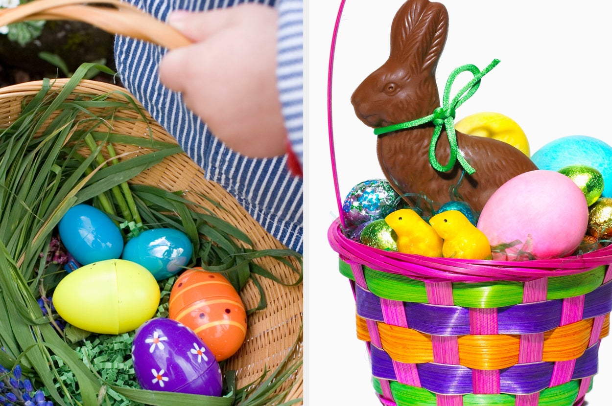 Two baskets: one being filled with colorful eggs; another holds a chocolate bunny, small chicks, and eggs
