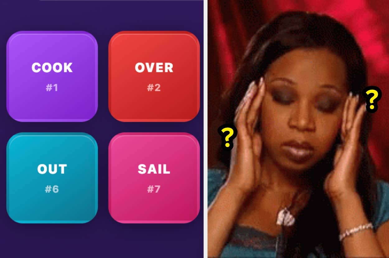 On the left, four colored squares with the words "Cook," "Over," "Out," and "Sail." On the right, a woman with a frustrated expression and question marks