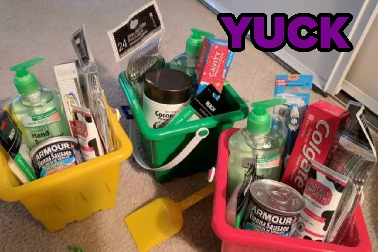 Three small plastic buckets hold various household items, including hand sanitizer and canned food. The word "YUCK" appears at the top