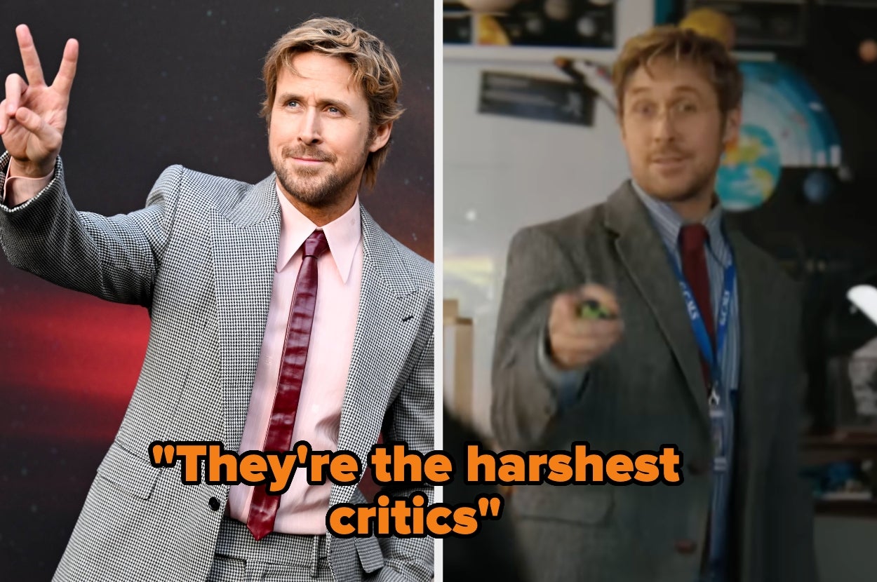 A man in a checkered suit on the left and in a teacher outfit with a tie on the right, with the text "They're the harshest critics."