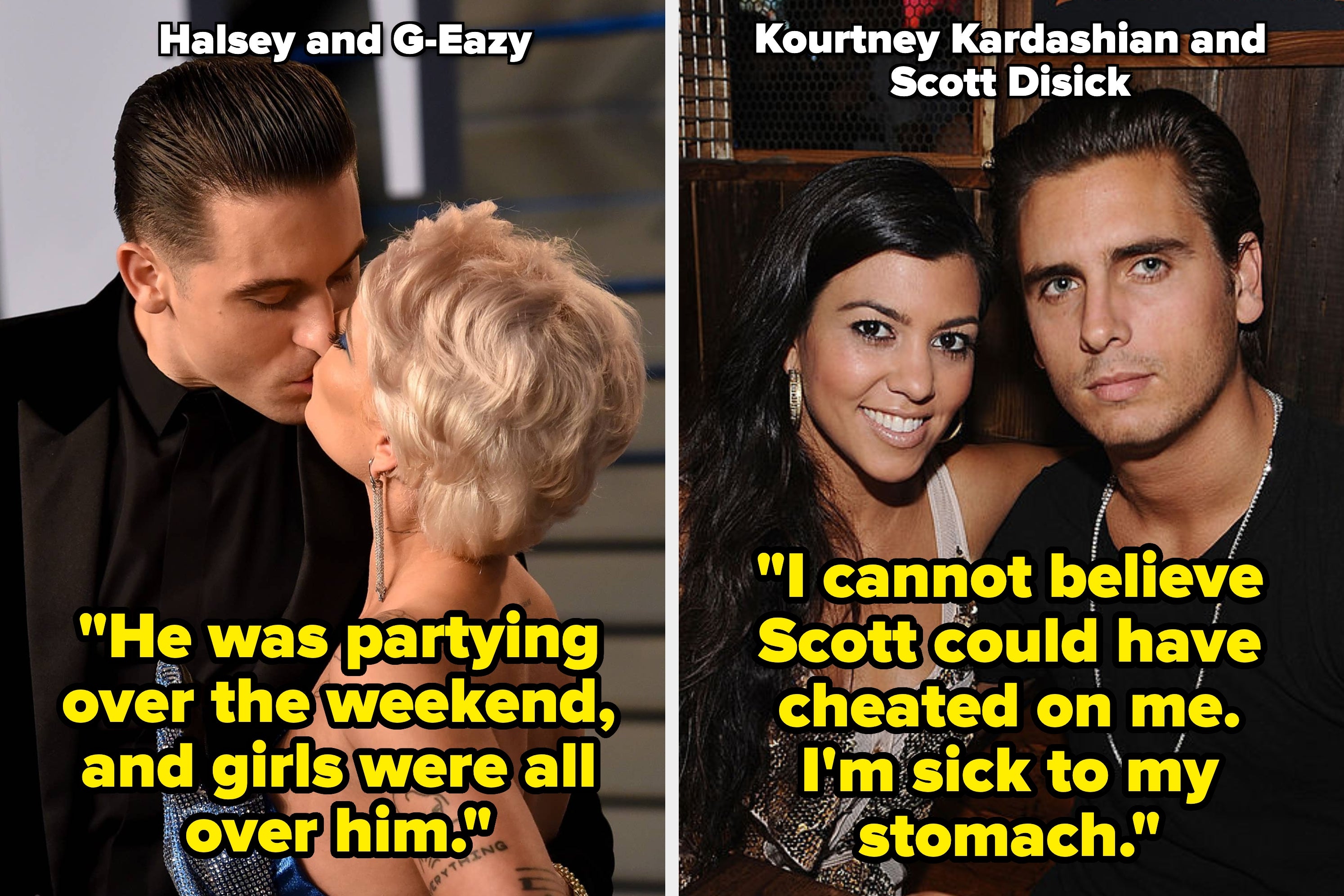 Two images: Left shows two people kissing, one in formal wear. Right shows a person with short hair speaking. Quote below discusses partying behavior