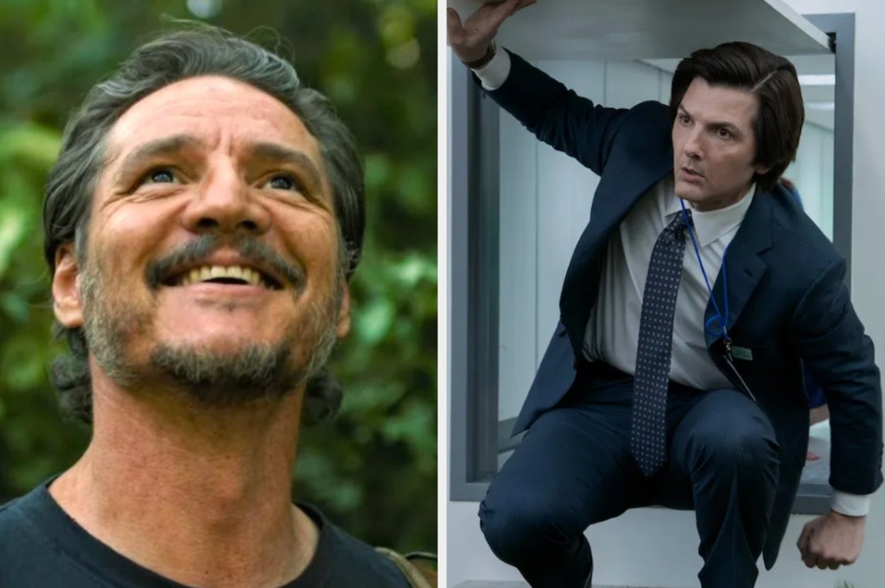 Left: Person smiling outdoors. Right: Person in a suit, crouching while exiting a large duct in an indoor setting