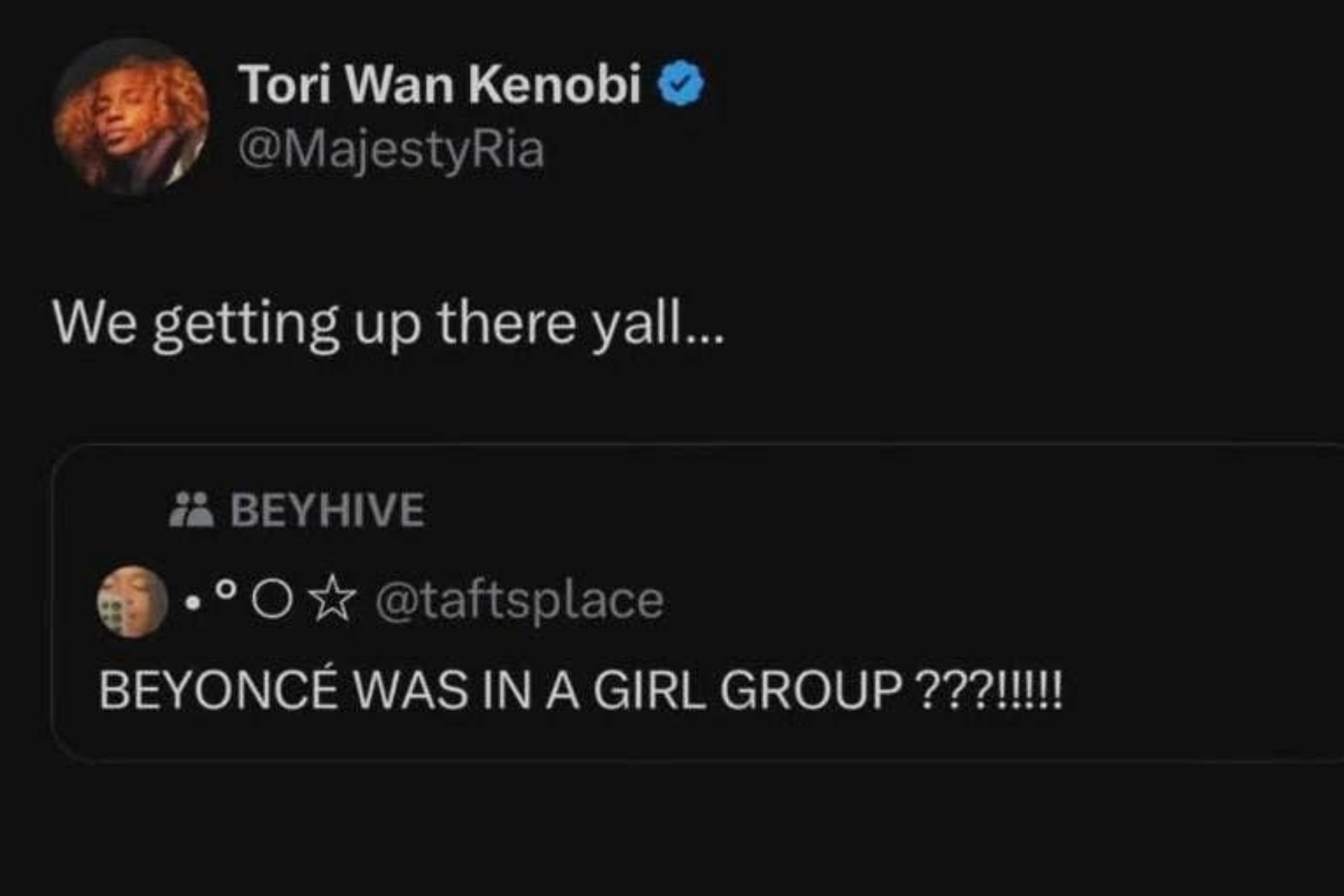 Tweet conversation about surprise and recognition that Beyoncé was in a girl group, highlighting the astonishment of younger fans