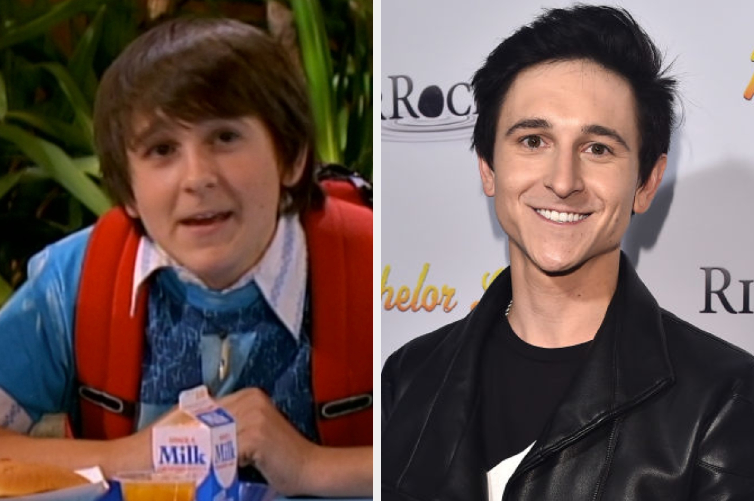 Two side-by-side photos. On the left, a young idiosyncratic successful a garment and backpack. On the right, an big successful a leather overgarment smiling astatine an event