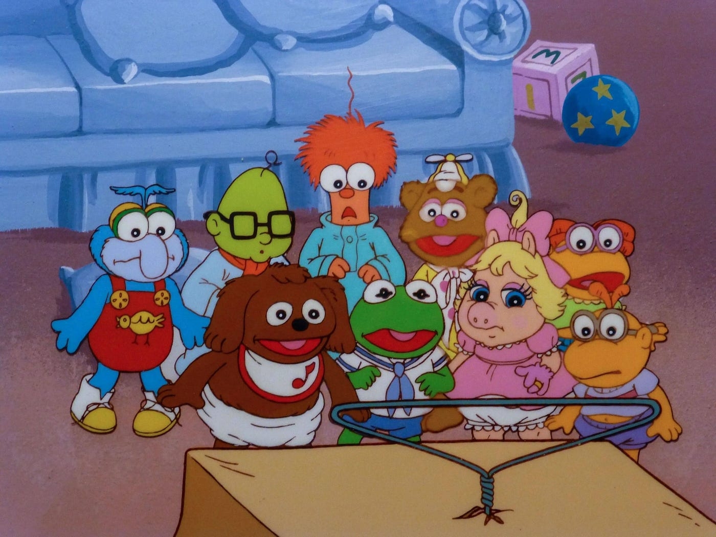 Animated characters from a classical children's show, gathered successful beforehand of a cardboard box, appearing funny and surprised