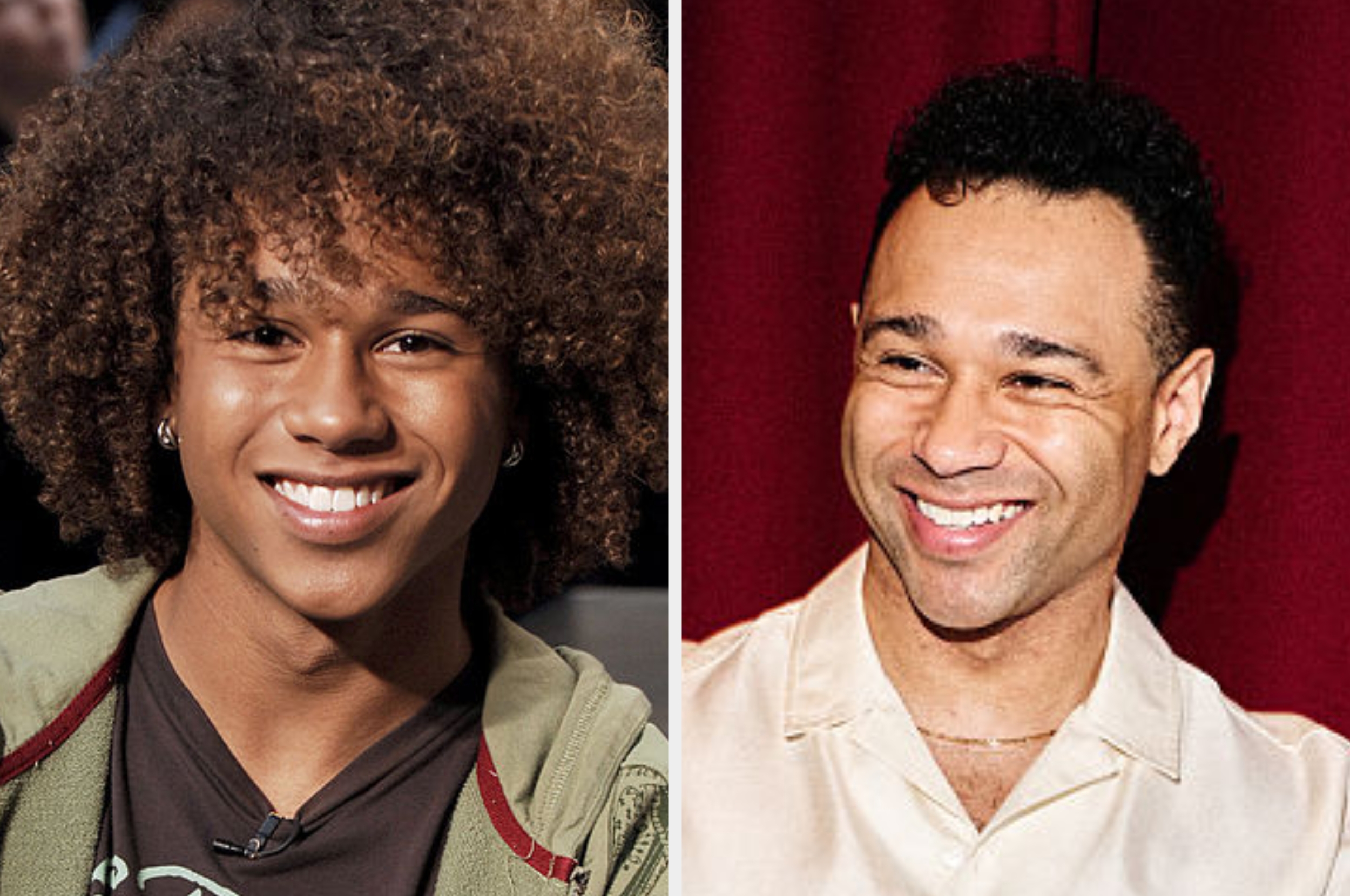 younger with curly hairsbreadth and older with abbreviated hair, wearing casual outfits