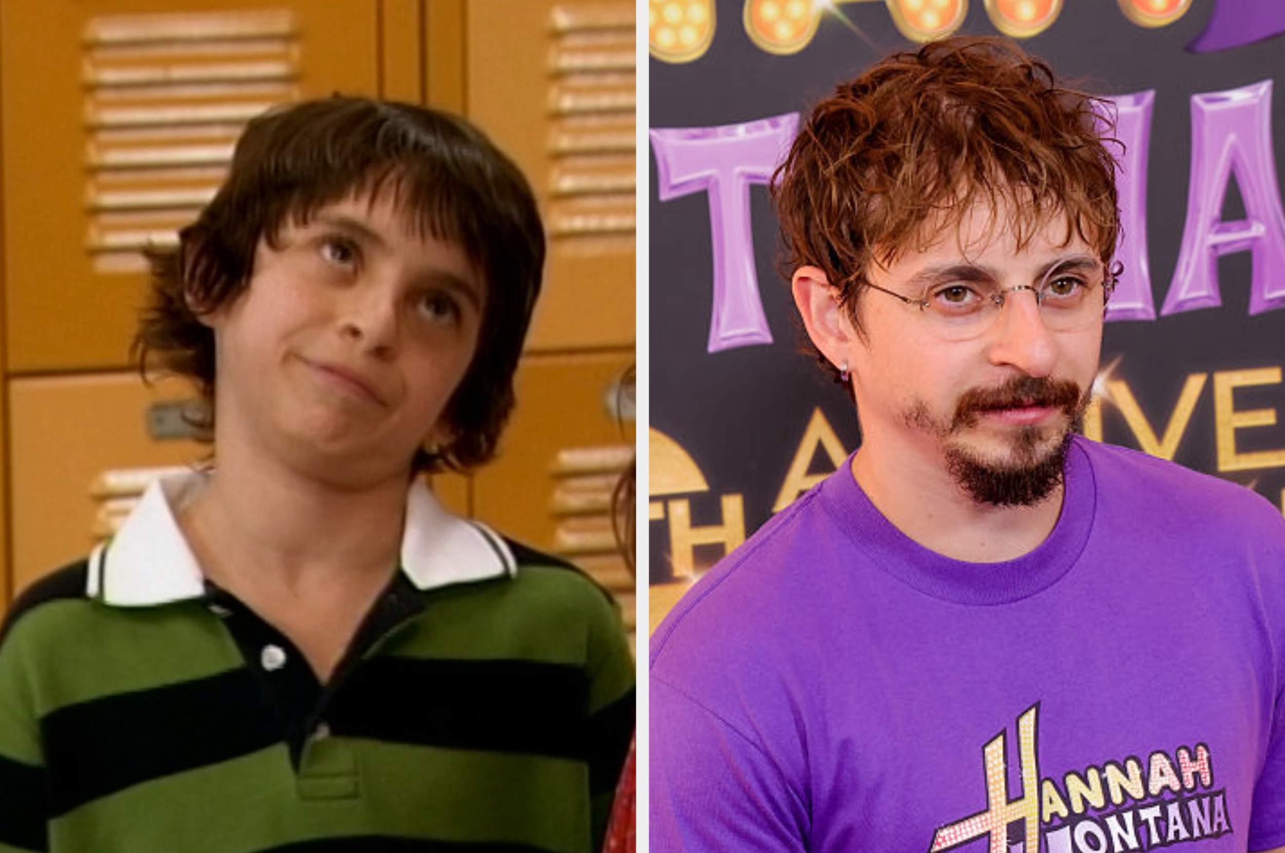 near shows a young idiosyncratic successful a striped garment looking upwards; close shows an big with glasses and a beard wearing a purple shirt