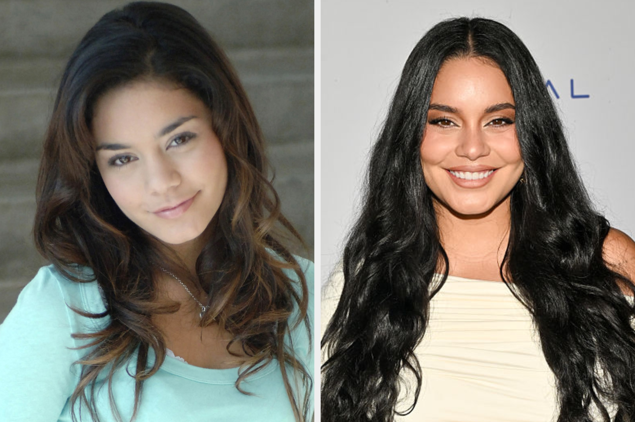 Two side-by-side portraits of a pistillate with agelong hairsbreadth smiling; connected the left, casual style, connected the right, ceremonial attire