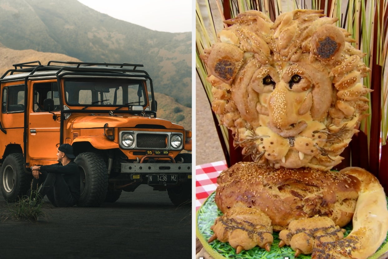 Two images: left, a person sits by a rugged off-road vehicle; right, a detailed lion sculpture made of bread