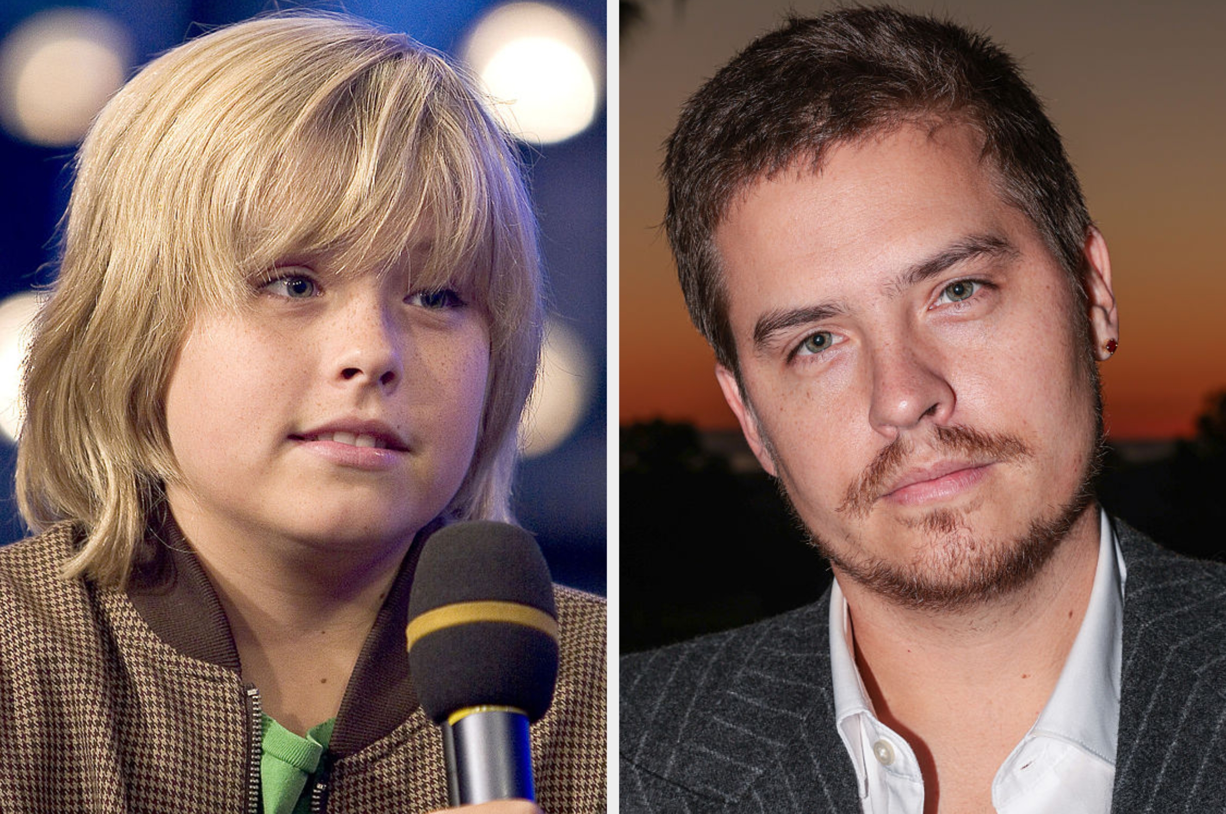Side-by-side representation of a young lad holding a microphone and an big antheral successful a suit with facial hair