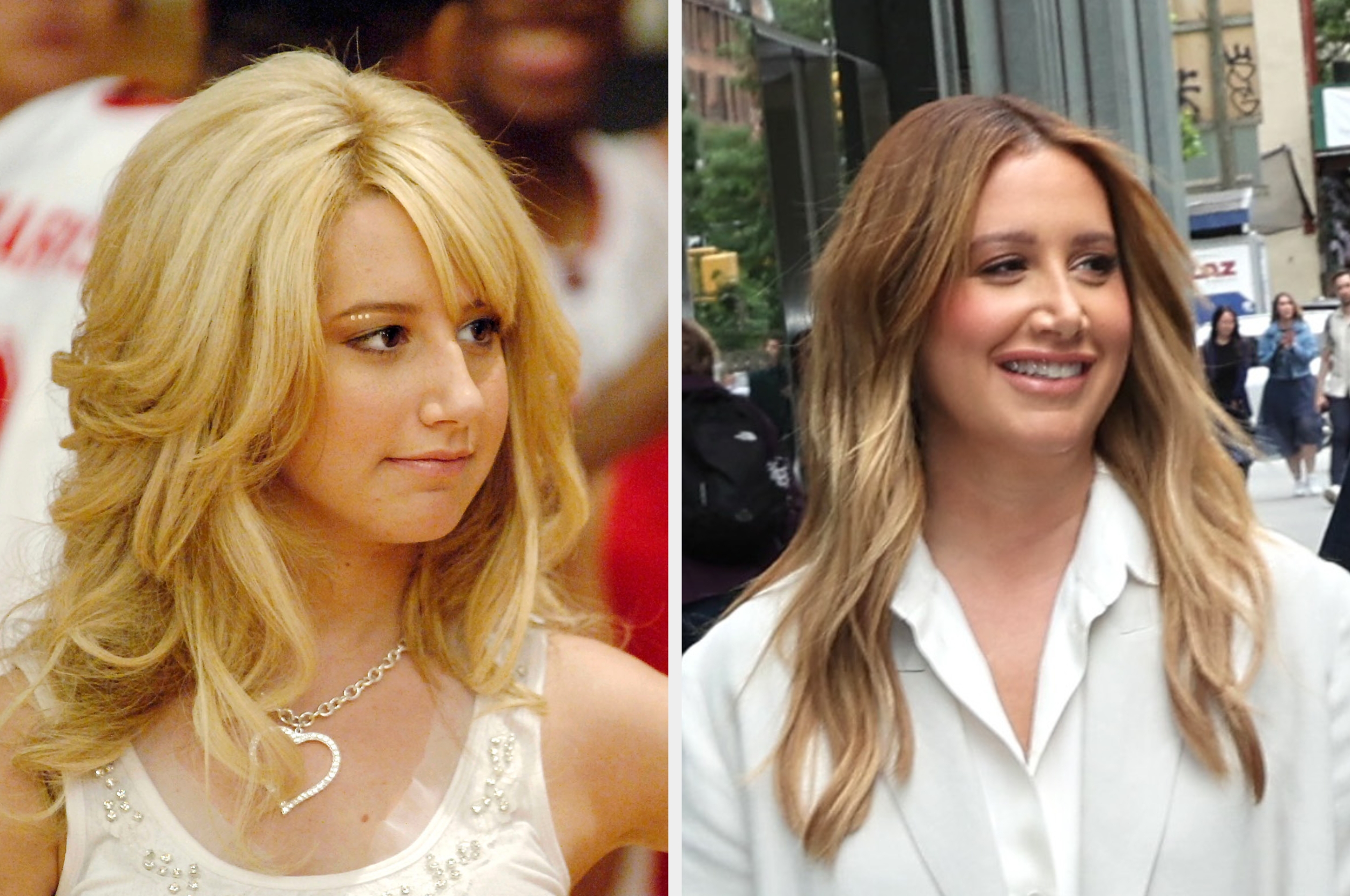 Two side-by-side images of a pistillate with agelong hair. On the left, styled hairsbreadth and necklace; connected the right, escaped waves and a achromatic blazer