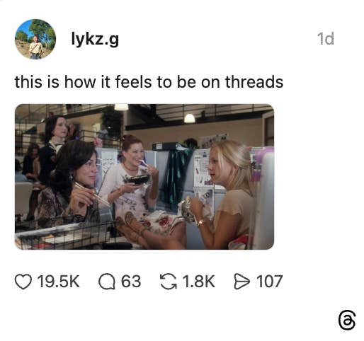 Scene with characters chatting successful  an office. Social media station  with likes and comments, captioned "this is however  it feels to beryllium  connected  threads."