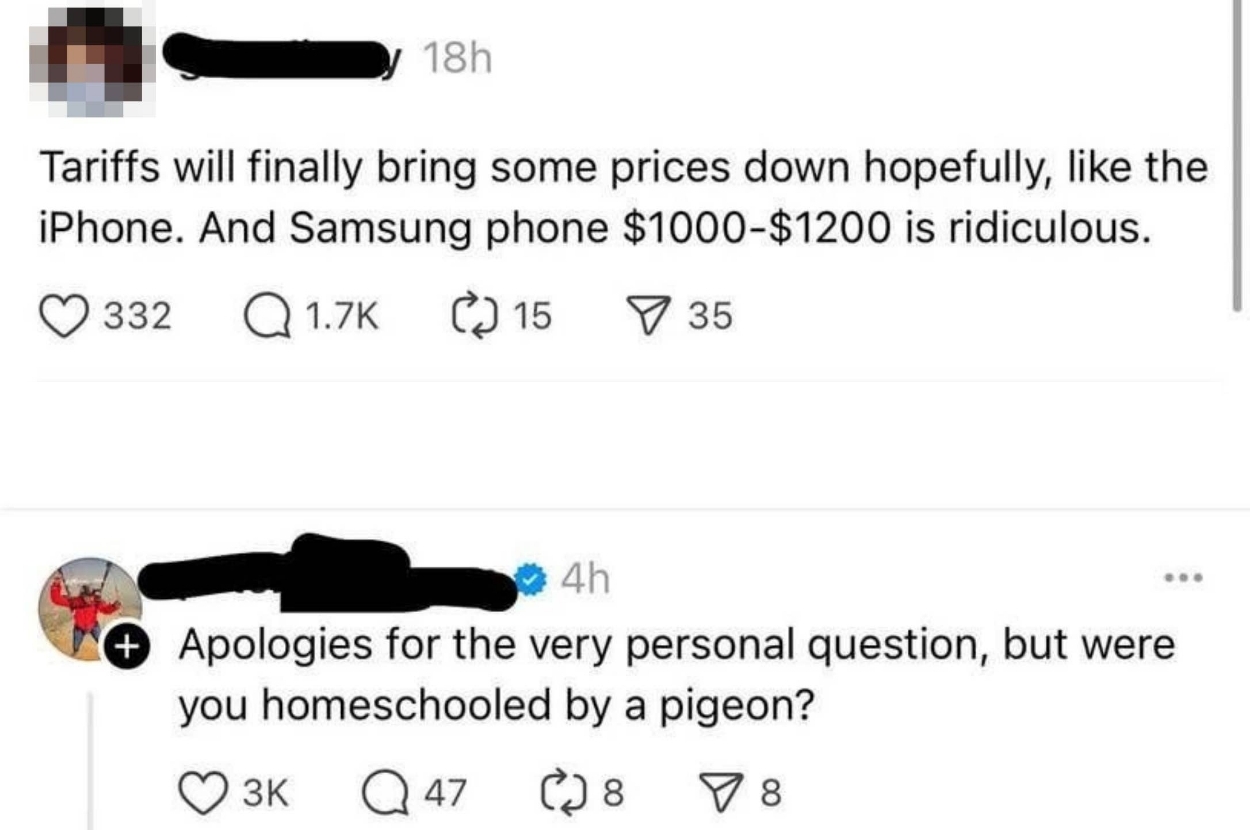 Screenshot of a social media exchange where one user hopes tariffs will lower phone prices; another humorously asks about being homeschooled by a pigeon