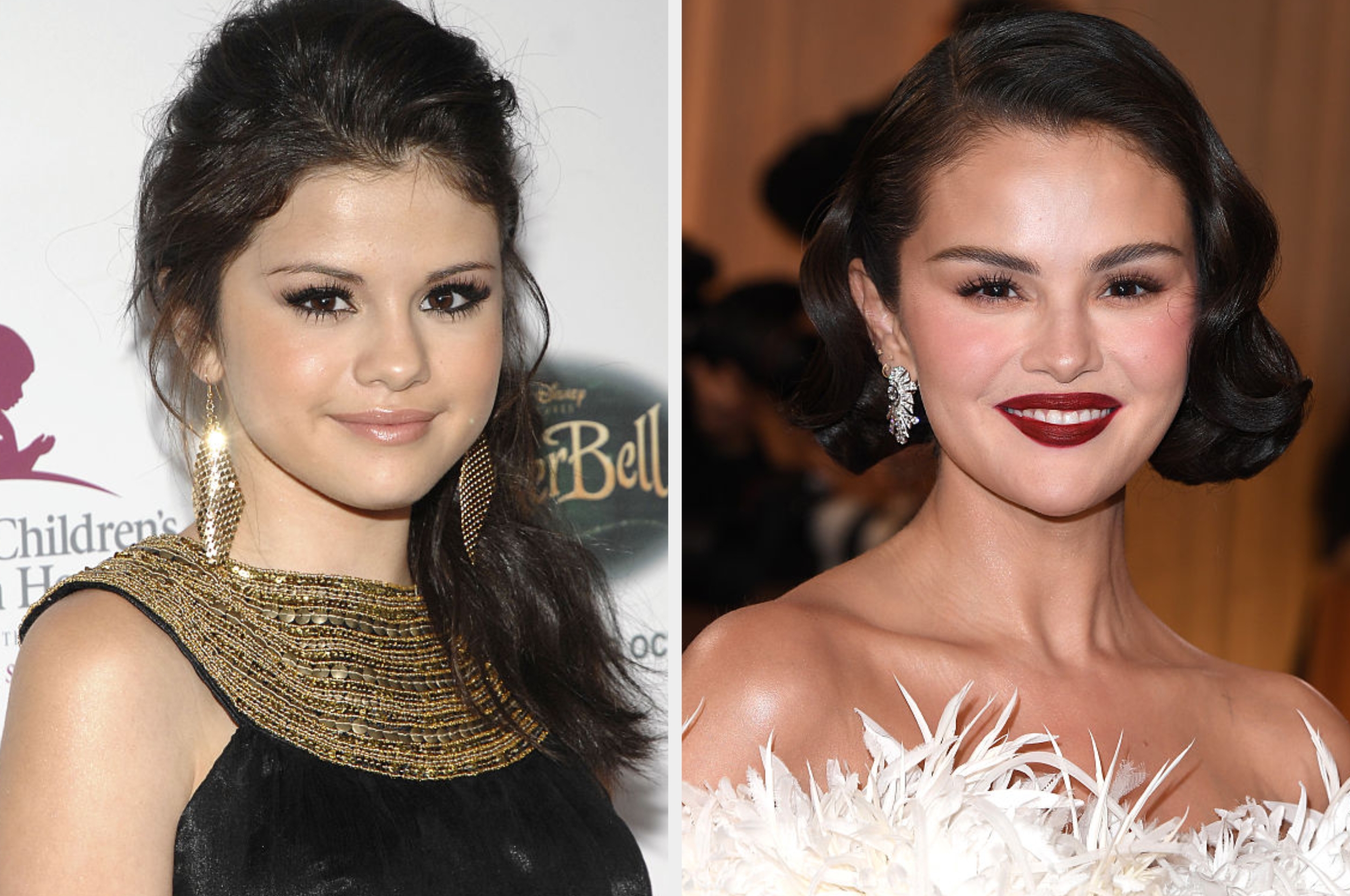 near has agelong hairsbreadth and a gold-embellished dress, close shows abbreviated hairsbreadth and an elegant, feathered gown