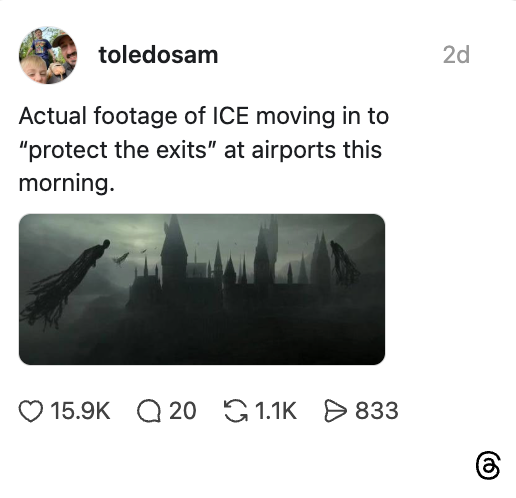 Silhouetted spooky castle with flying creatures; tweet humorously compares it to ICE activity at airports