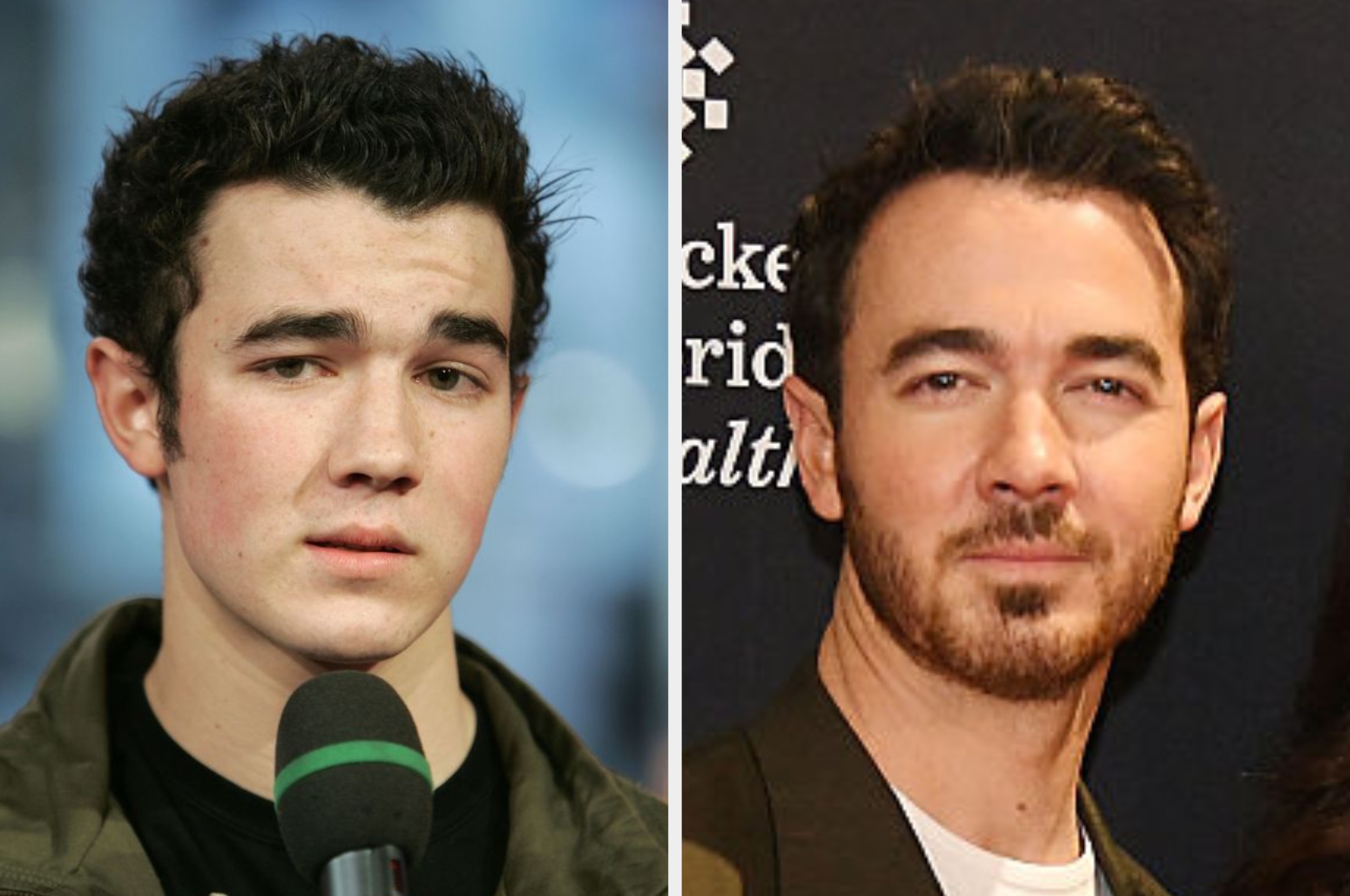 Two side-by-side photos of a antheral astatine antithetic ages, holding a microphone connected the near and wearing a suit overgarment connected the right