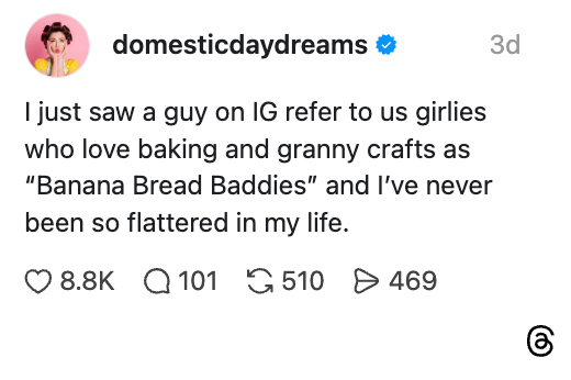 Instagram post from domesticdaydreams: "Banana Bread Baddies" refers to craft-loving bakers. 8.8K likes, 510 shares, 469 comments