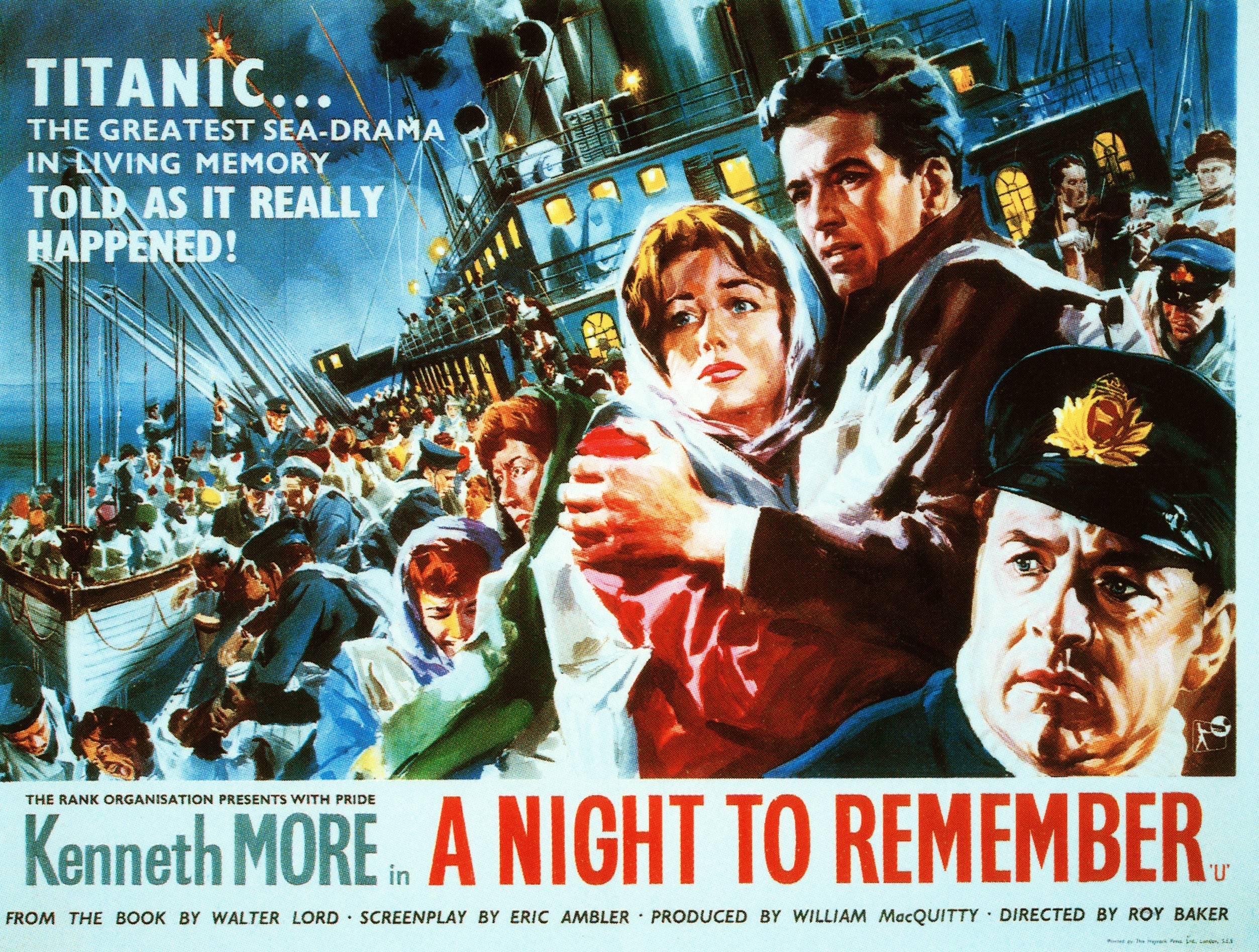 Vintage poster for "A Night to Remember," depicting melodramatic scenes of the Titanic's sinking with exigency lifeboats