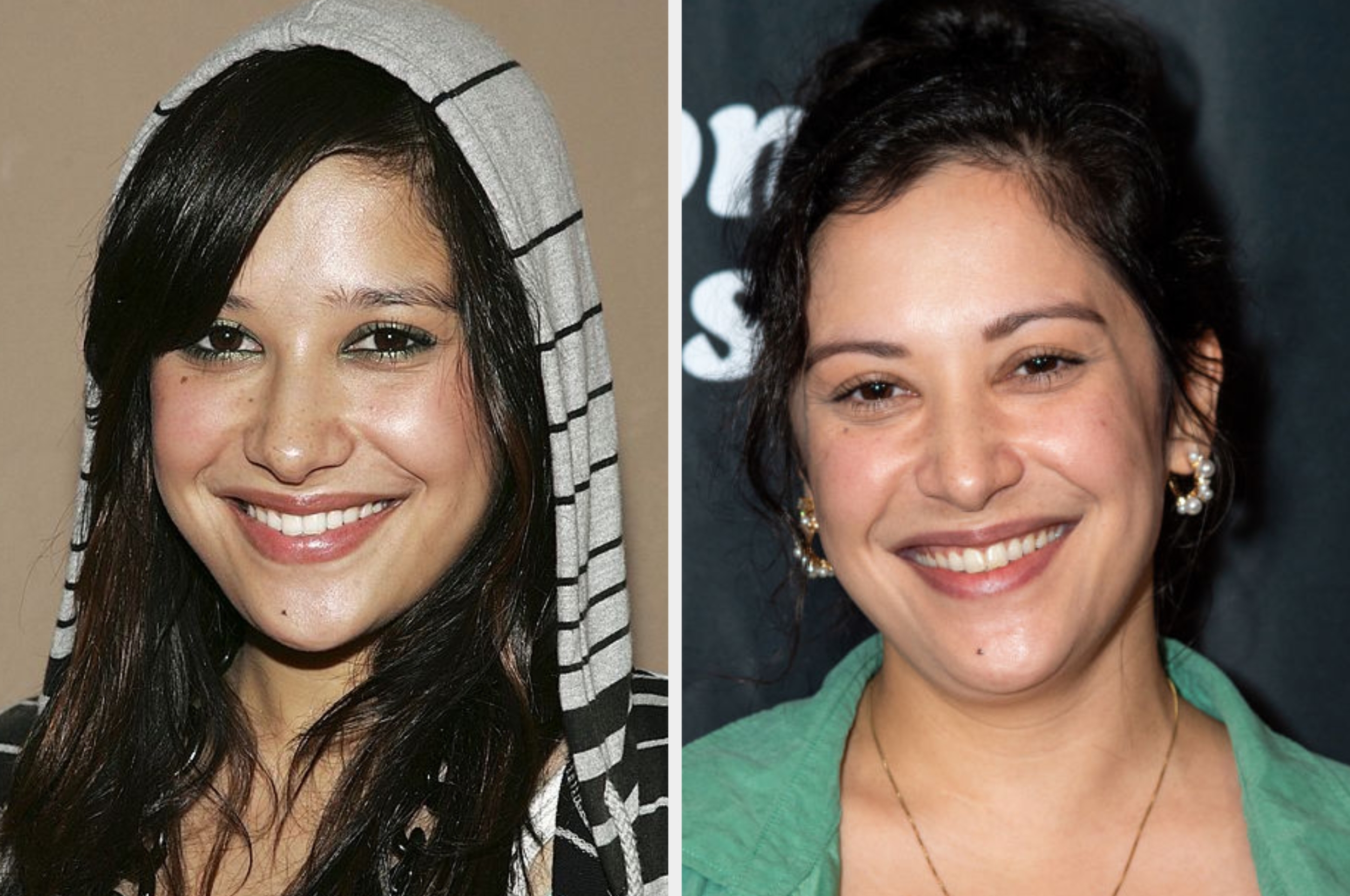 Two women smiling astatine the camera successful side-by-side photos. One wears a hooded top; the different wears a blouse with earrings