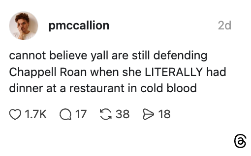 Social media post questioning defense of Chappell Roan after she ate at a restaurant, implying controversy. Features engagement statistics