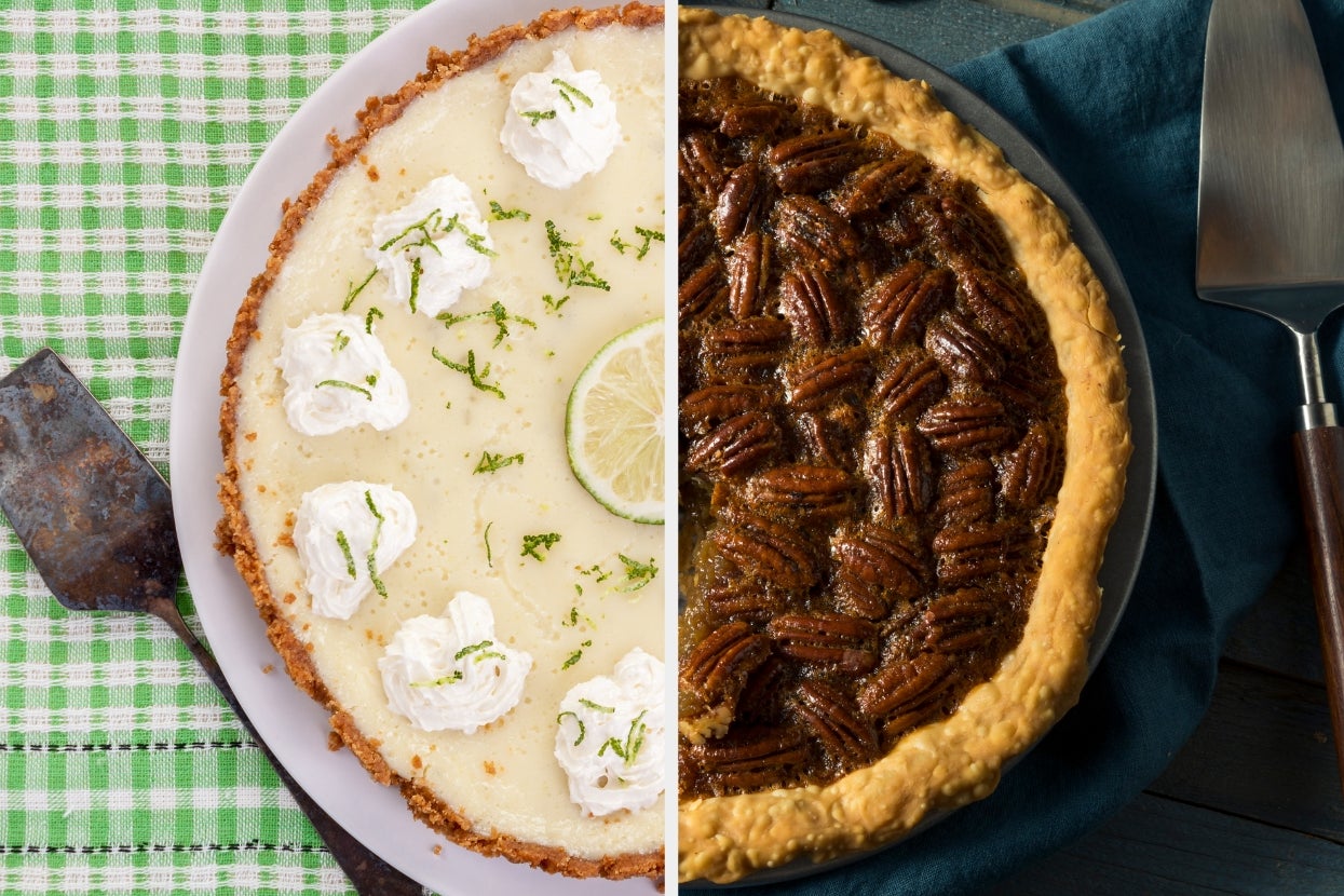 Key lime pie and pecan pie on a table, each on one half of the image