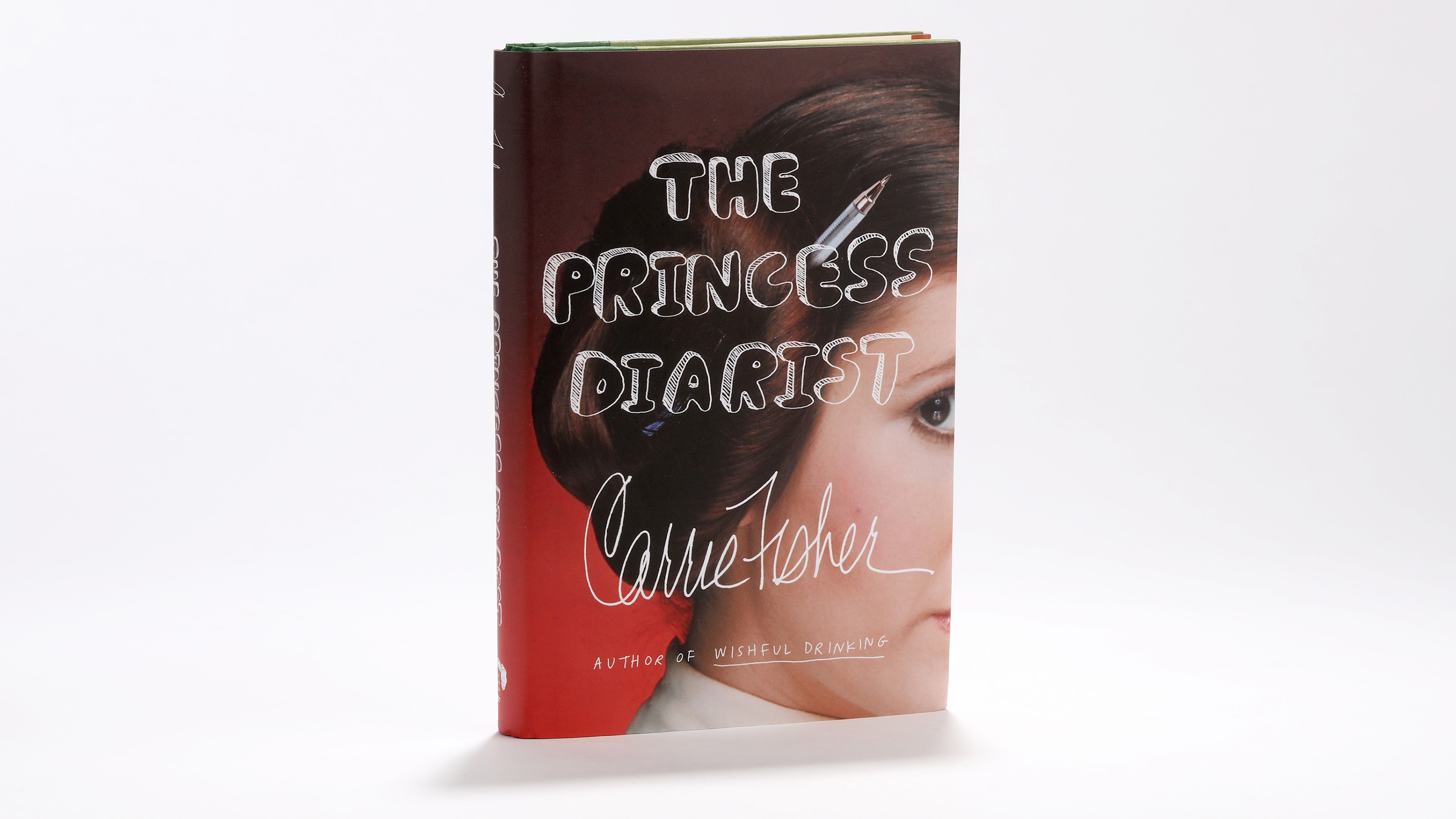 Cover of "The Princess Diarist" by Carrie Fisher, featuring an representation of a pistillate with an iconic hairstyle