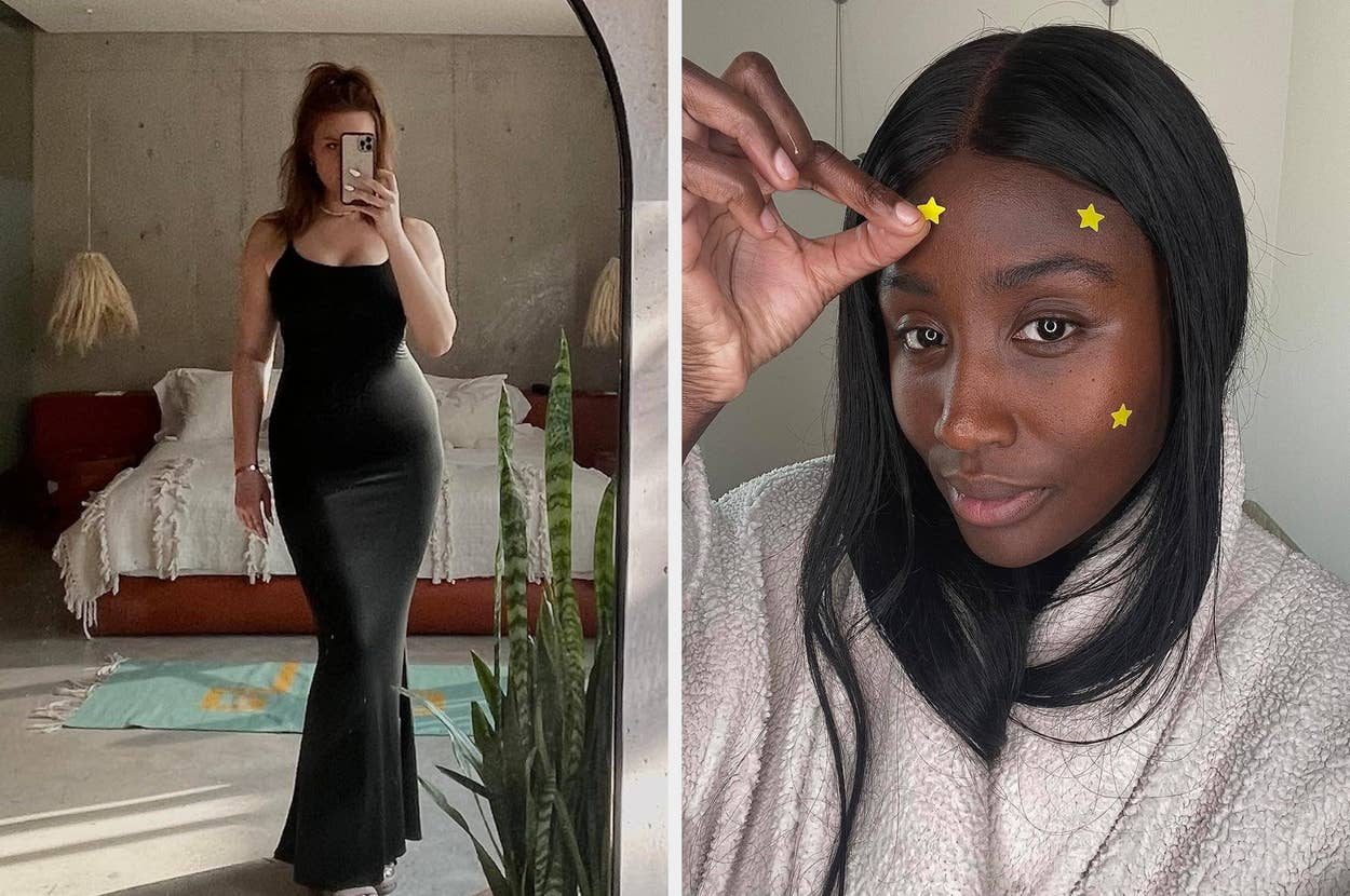 Woman in fitted black dress taking a mirror selfie; casual sandal with double buckles shown in close-up