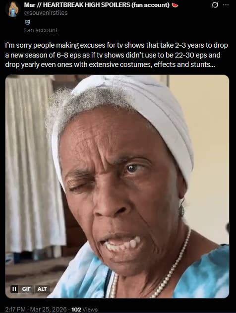 Older woman making a skeptical expression, responding to a tweet about modern TV production timelines