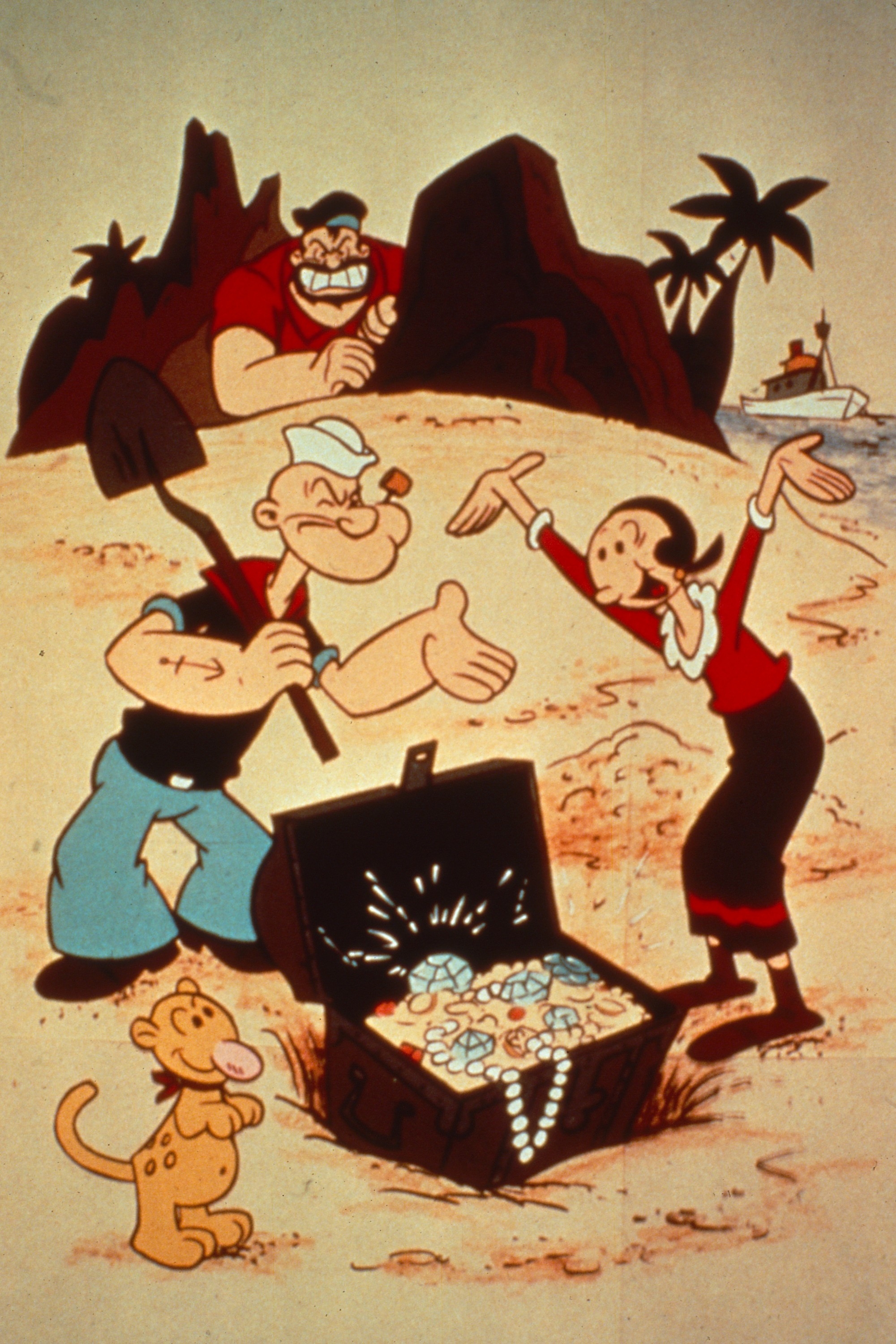 Popeye, Olive Oyl, and Bluto basal connected a formation with a treasure thorax afloat of jewels, portion a tiny canine looks on