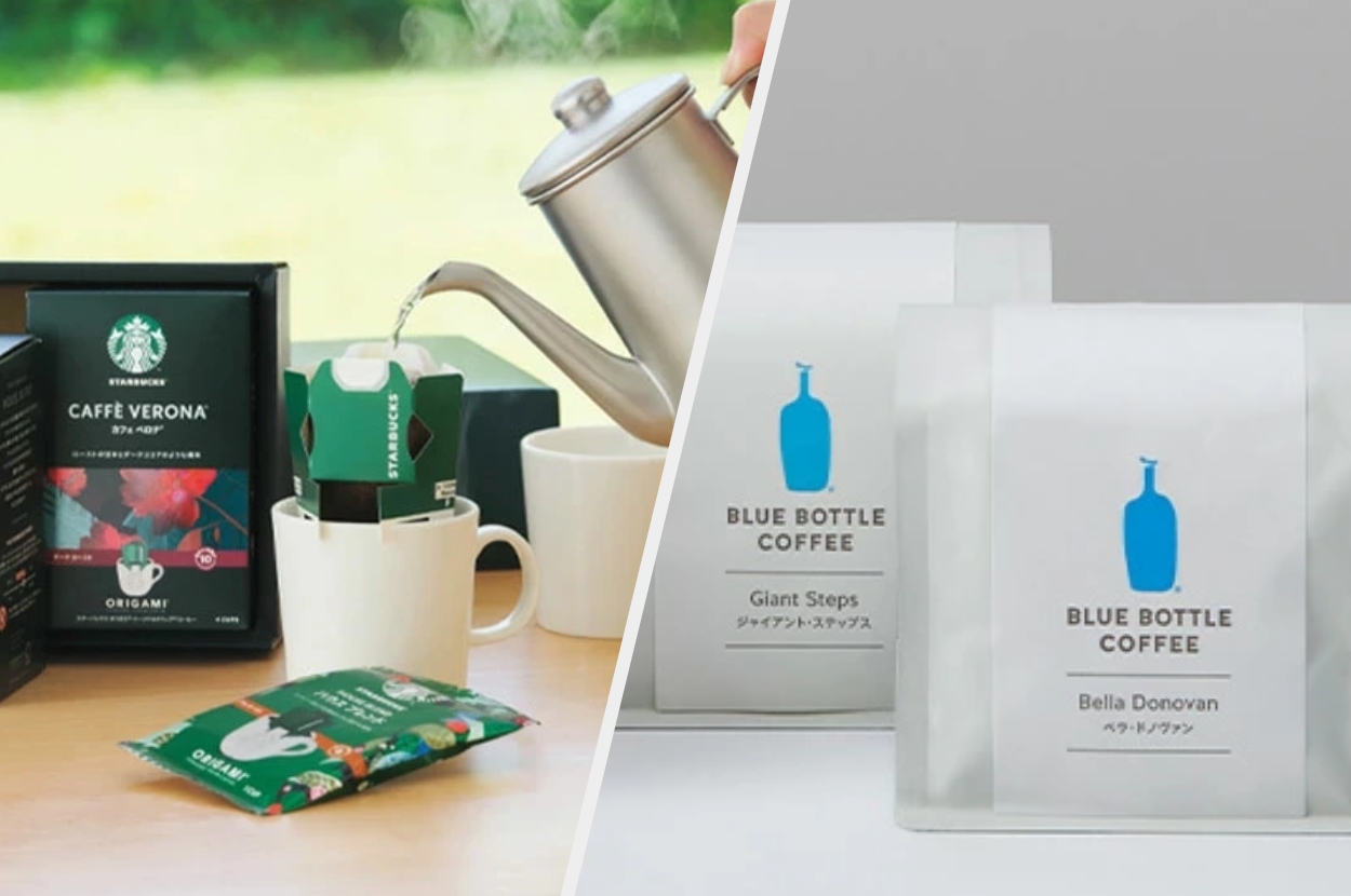 左側にはスターバックスのドリップコーヒー、右側にはブルーボトルコーヒーのコーヒー豆セットの商品画像が並んでいる