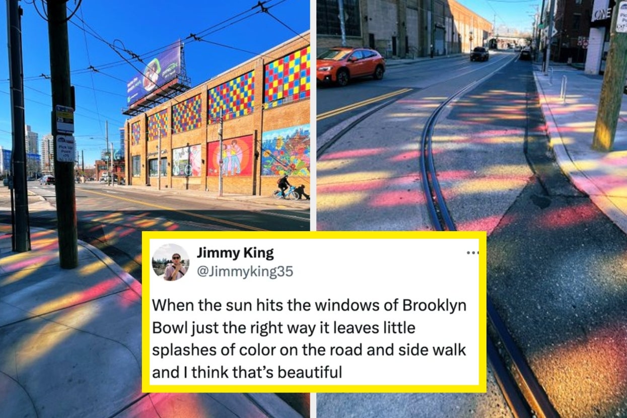 Street view with colorful reflections on road; tweet about sunlit windows creating color splashes on Brooklyn Bowl's road and sidewalk