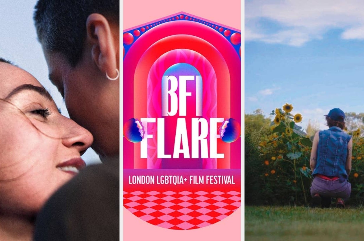 Collage: left, two people close together; center, "BFI Flare London LGBTQIA+ Film Festival" logo; right, person taking photos of flowers