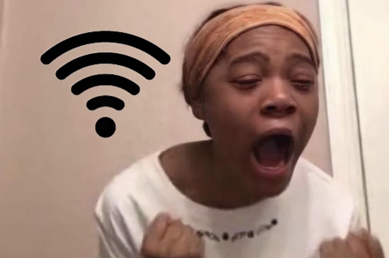 Person expressing frustration with a Wi-Fi symbol nearby, suggesting connectivity issues