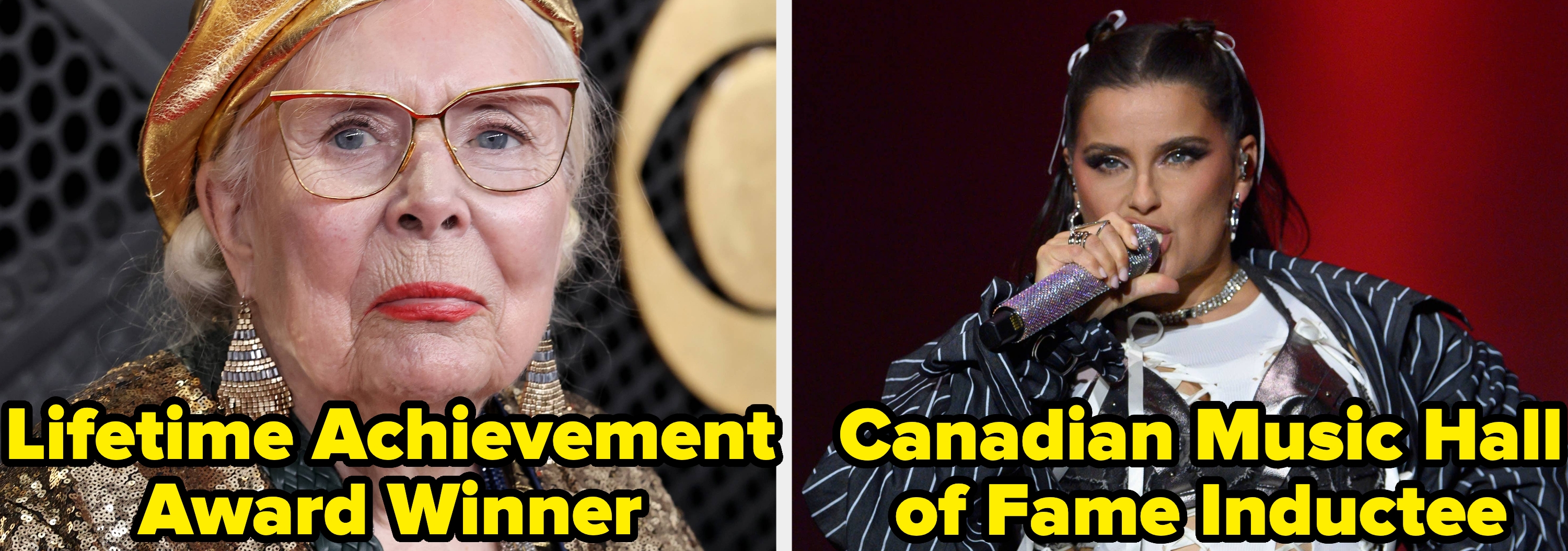 Split image: Left, older woman in gold headscarf. Right, performer in layered outfit with microphone. Text: Lifetime Achievement Award Winner; Canadian Music Hall of Fame Inductee