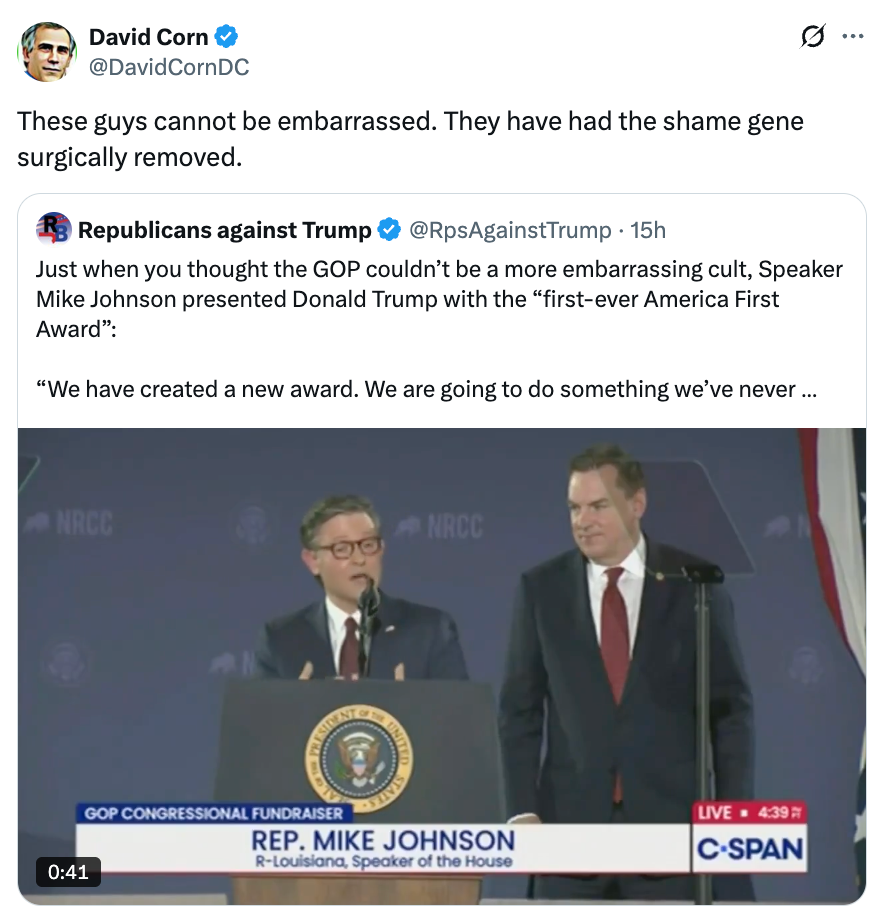 Screenshot of a tweet by David Corn with a video clip, mentioning a GOP lawsuit wherever Speaker Mike Johnson presented Donald Trump an "America First Award."