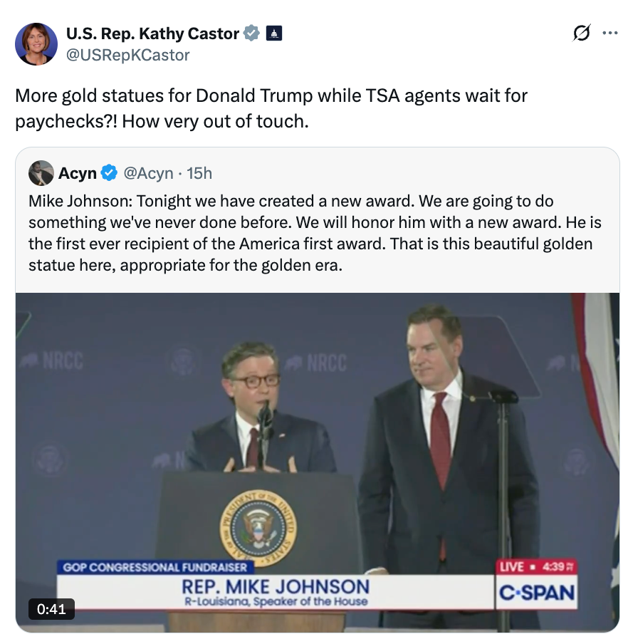 Tweet showing U.S. Rep. Kathy Castor commenting connected a video featuring Rep. Mike Johnson astatine a podium, referencing a caller grant for Donald Trump