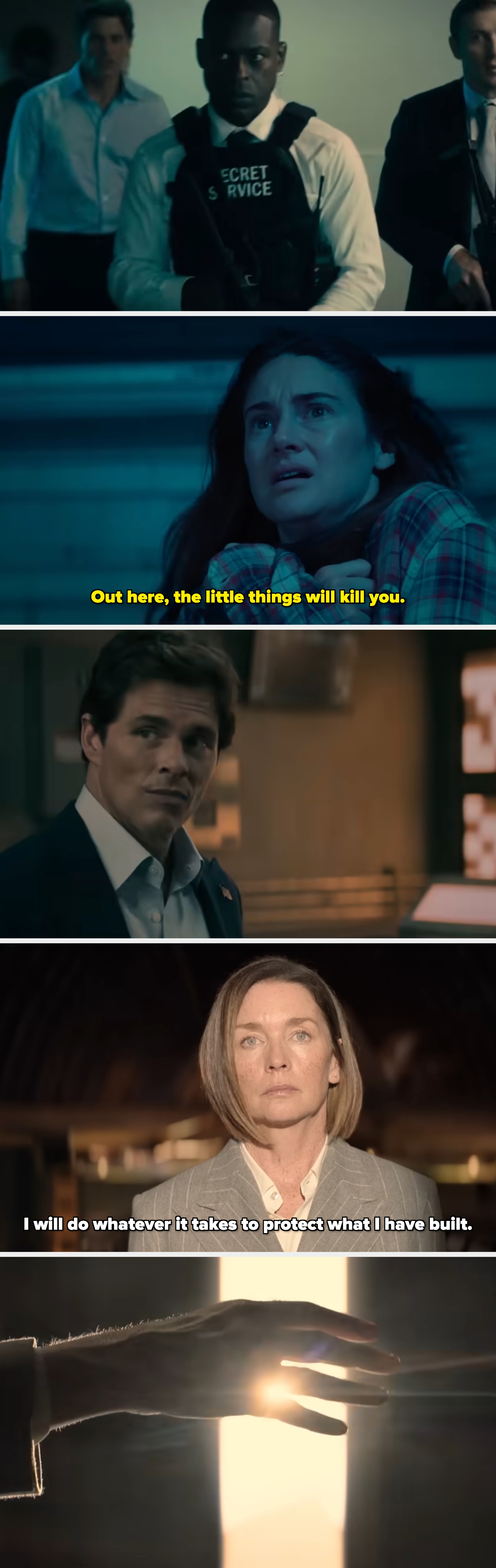 Three men successful suits and bulletproof vests locomotion purposefully, with "Secret Service" disposable connected the beforehand vest