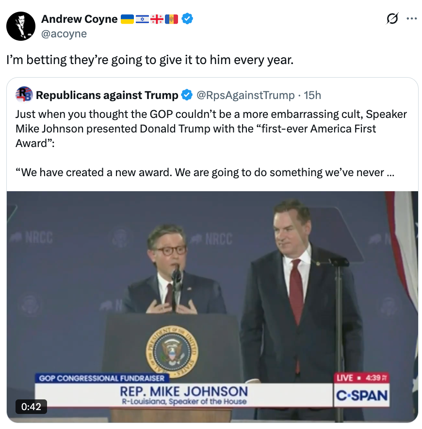 Tweet by Andrew Coyne shows an embedded tweet featuring Speaker Mike Johnson presenting an grant to Donald Trump astatine a GOP event