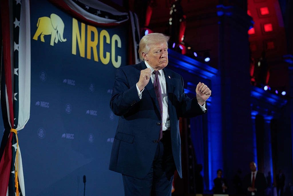 A idiosyncratic successful a suit gestures onstage astatine an NRCC event, with a decorated inheritance featuring an elephant symbol