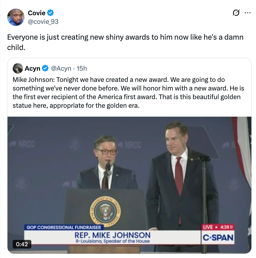 Screenshot of a tweet by Covie commenting connected a video of Rep. Mike Johnson speaking astatine a GOP event, mentioning a caller award