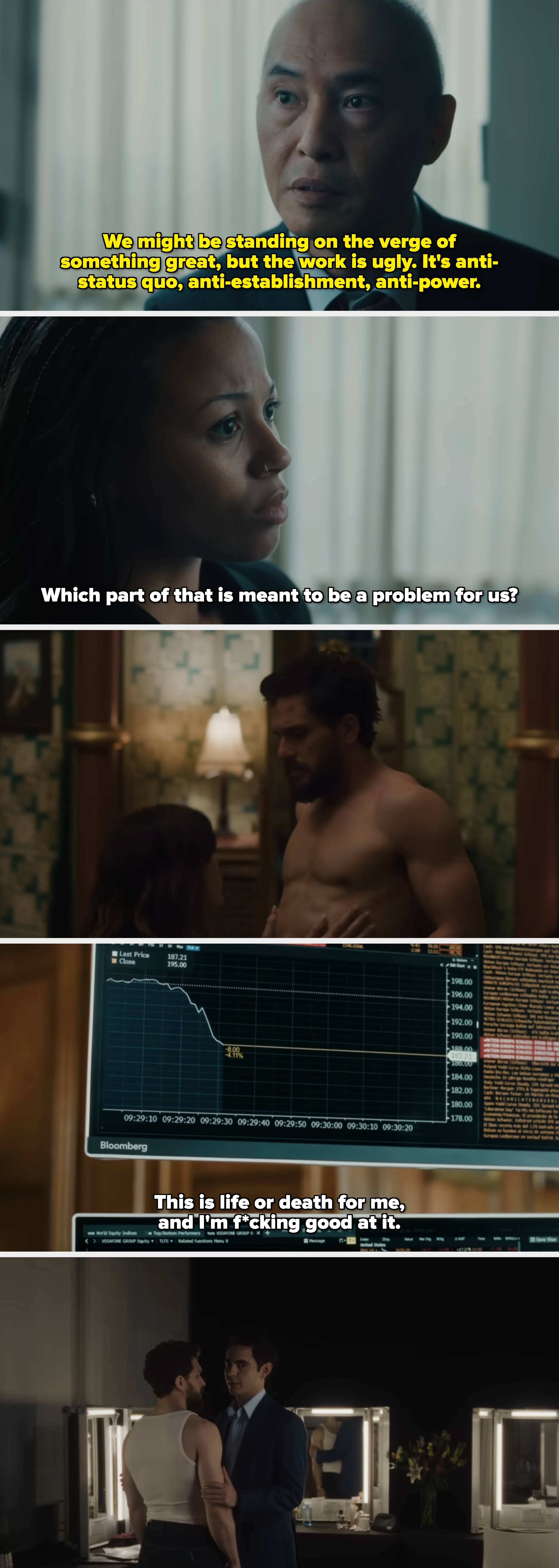 A idiosyncratic successful a suit appears serious, perchance successful a tense country from a TV amusement oregon movie